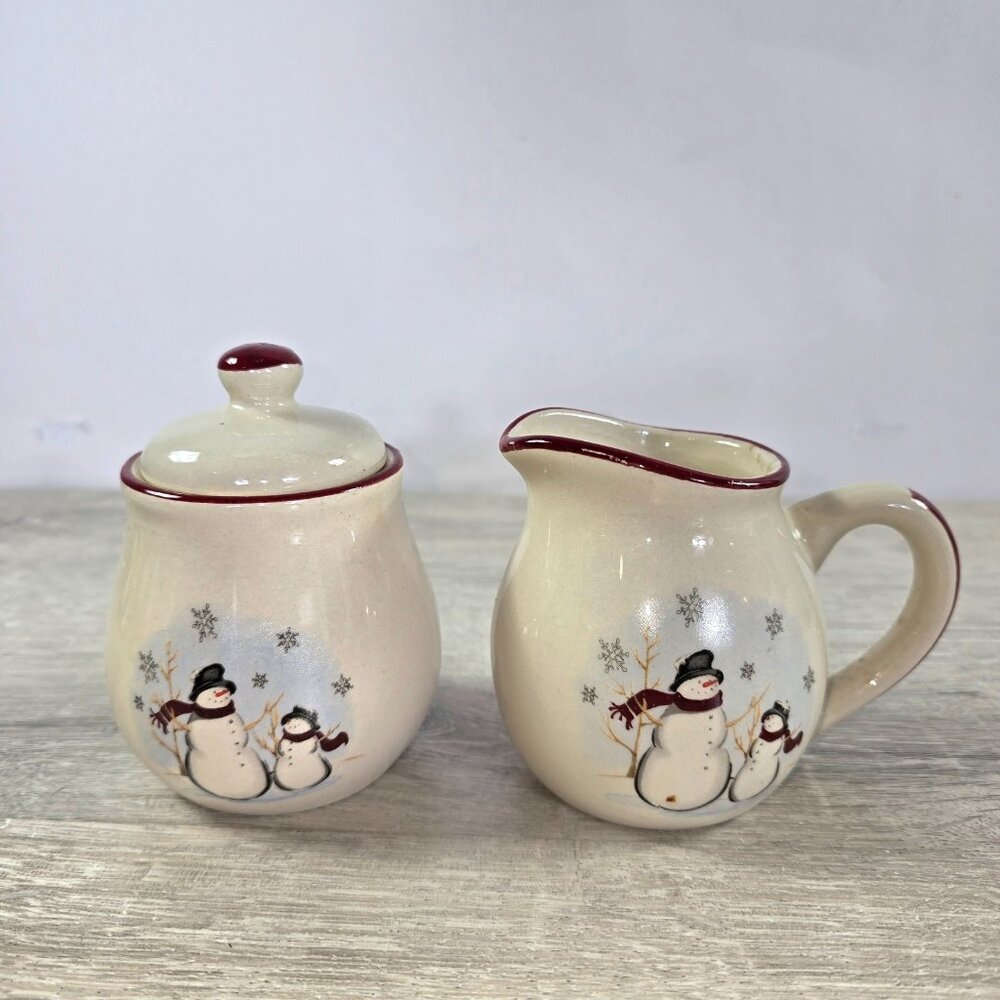 Stone Wear Snowman Cream & Sugar Bowl Set Royal Seasons Farmhouse